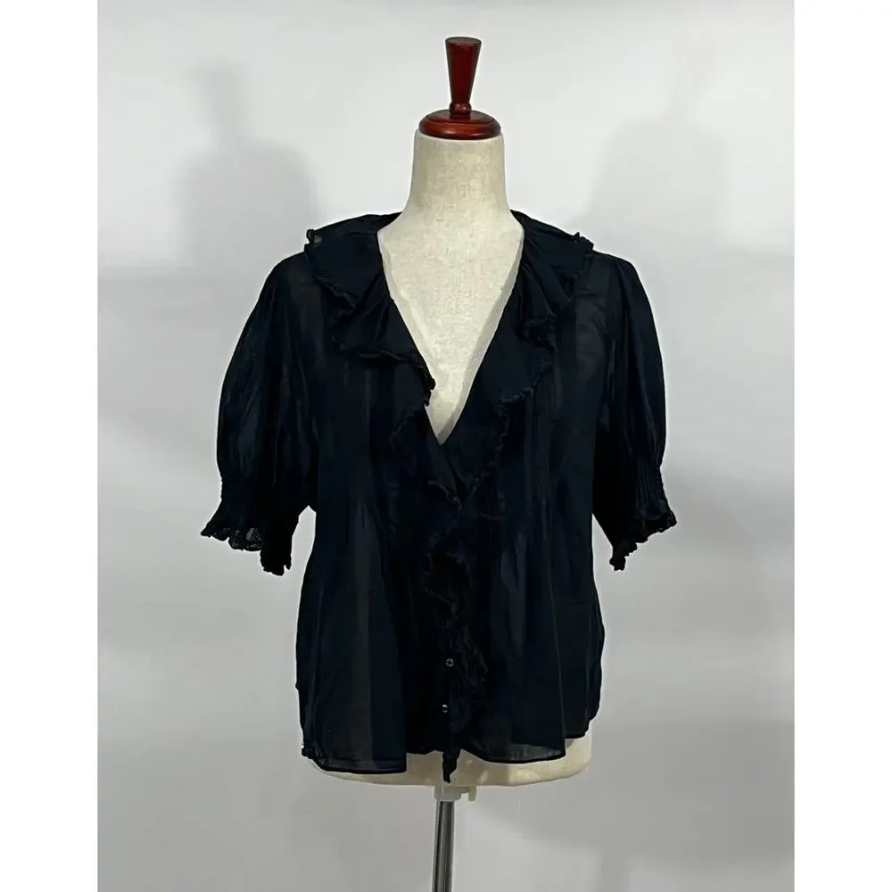 Doen Henri Black Ruffle Short Sleeve Blouse